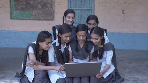 E-learning- Group of Rural indian schoolgirls using laptop, Learn computer .. Stock Footage 273549174