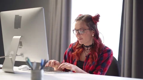 E-learning Happy Stylish Hipster Female Student Using Computer Communicates Stock Footage 160556734