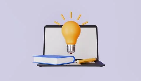 E-learning at home, Digital school or course, Laptop with lightbulb and book Stock Illustration