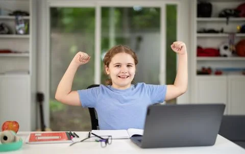 E-learning. Home learn for child. Kid learning on laptop e-learning. Teen Stock Photos