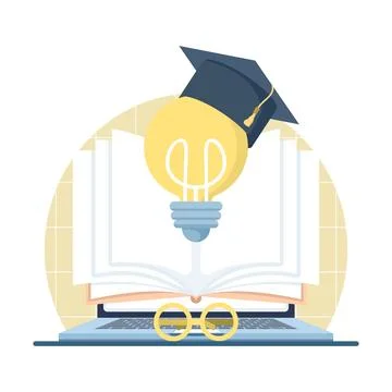 E-learning icon with computer, graduation hat, and glasses. Stock Illustration
