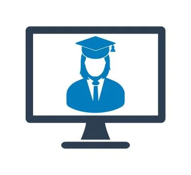 E Learning Icon. Graduate student symbol on Computer Monitor. Stock Illustration