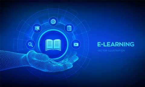 E-learning icon in robotic hand. Innovative online education and internet tec 스톡 일러스트