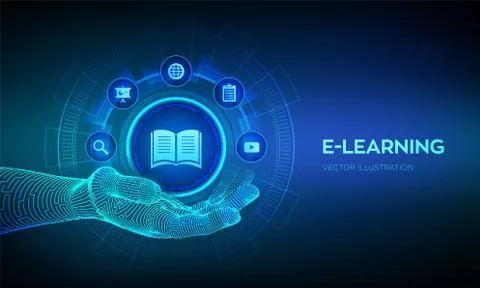 E-learning icon in robotic hand. Innovative online education and internet tec Illustrazione stock