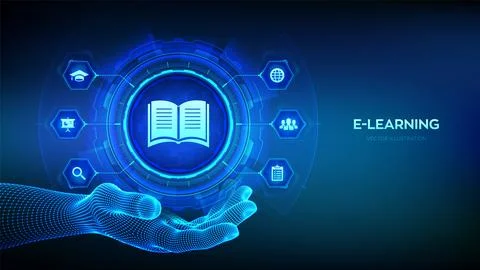 E-learning icon in robotic hand. Innovative online education and internet tec Illustrazione stock