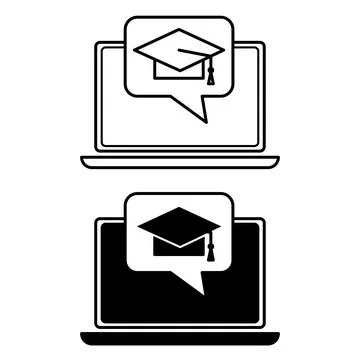 E Learning icons. Black and White Vector Icons of Laptop and Graduation Hat.. Ilustración de archivo
