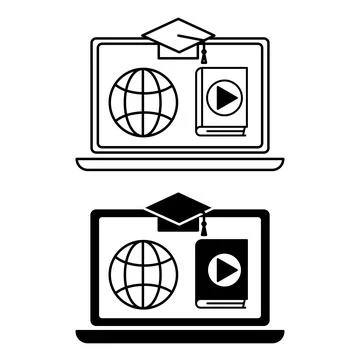 E Learning Icons. Black and White Vector Icons. Laptop, Graduation Hat, Wor.. Stock Illustration