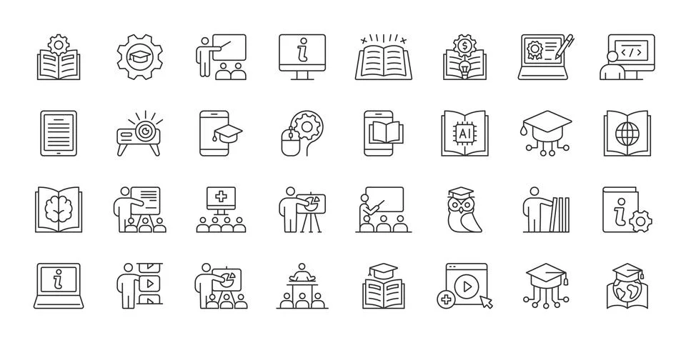 E Learning icons in line design. elearning, education, online, learning, webinar Stock Illustration