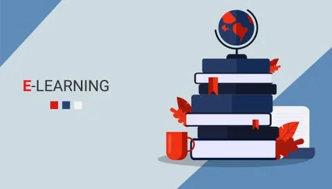E-Learning Illustration With Books Stack On Student's Desk, Blue Background Illustrazione stock