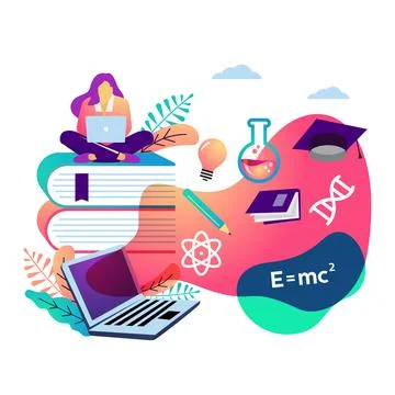 E learning illustration concept. Student  studying on pile of books with laptop Stock Illustration