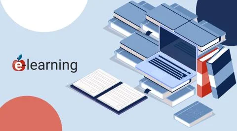 E-Learning Illustration, Laptop And Books Lying On Desk, Blue Background Stock Illustration