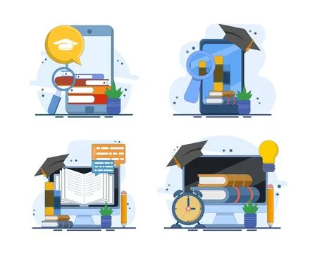 E-learning illustration set featuring digital libraries, e-books, online courses Stock Illustration