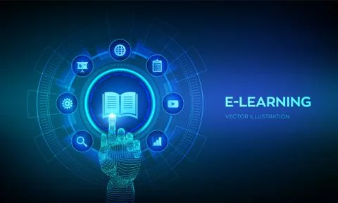 E-learning. Innovative online education and internet technology concept. Webi Illustrazione stock