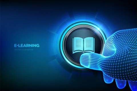 E-learning. Innovative online education and internet technology concept. Clos Illustrazione stock