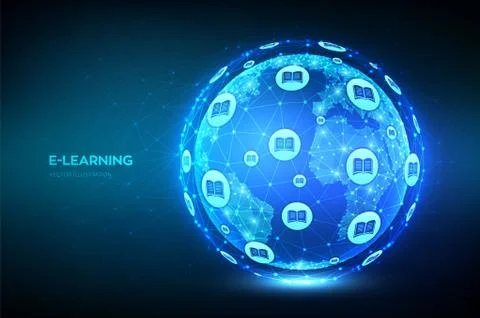 E-learning. Innovative online education technology concept. Earth globe illus Stock Illustration