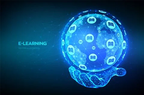 E-learning. Innovative online education technology concept. Earth globe in ha 스톡 일러스트