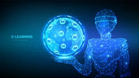 E-learning. Innovative online education concept. Abstract 3d low polygonal ro Illustrazione stock