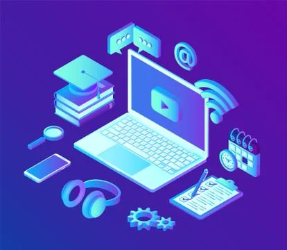 E-learning. Innovative online education and distance Learning 3D isometric co Illustrazione stock