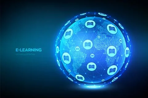 E-learning. Innovative online education technology concept. World map point a Stock Illustration