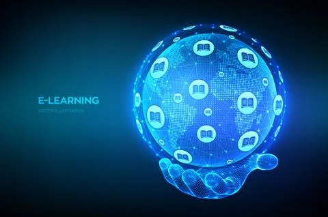 E-learning. Innovative online education technology concept. World map point a Illustrazione stock