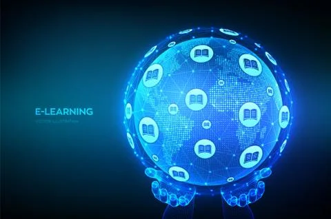 E-learning. Innovative online education technology concept. World map point a Illustrazione stock