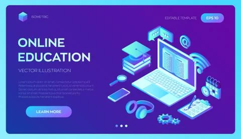 E-learning. Innovative online education and distance Learning 3D isometric co Stock Illustration