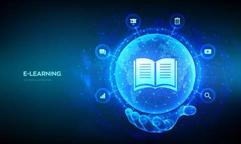 E-learning. Innovative online education technology concept. World map point a Illustrazione stock