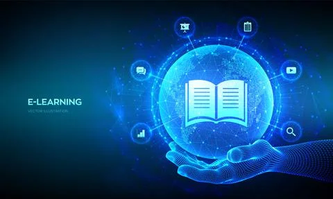 E-learning. Innovative online education technology concept. World map point a Stock Illustration