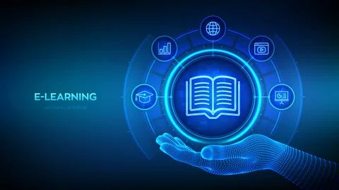 E-learning. Innovative online education and internet technology concept. E-.. Illustrazione stock