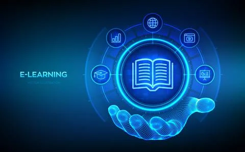 E-learning. Innovative online education and internet technology concept. E-.. Illustrazione stock