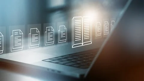 E learning interface with digital documents and books on laptop screen Stock Photos