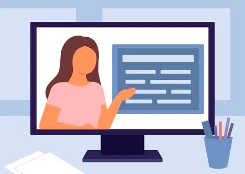 E-learning, internet education. Teacher video communication on computer. Home Stock Illustration