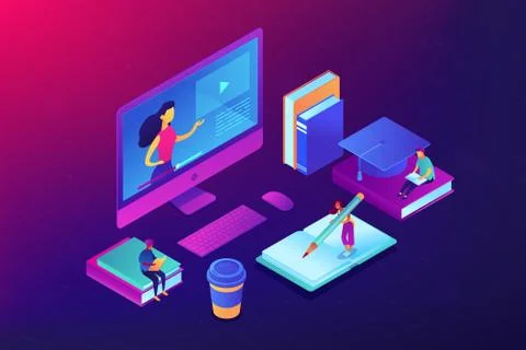 E-learning isometric 3D concept illustration. Illustrazione stock