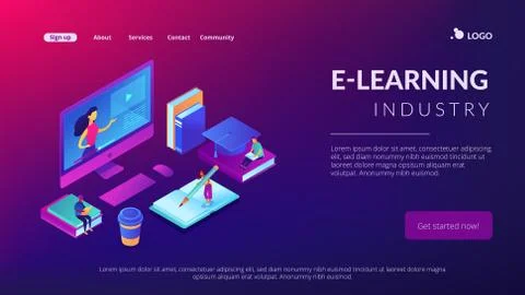 E-learning isometric 3D landing page. Illustrazione stock