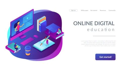 E-learning isometric 3D landing page. Stock Illustration