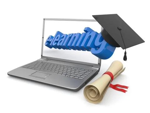 E-learning. laptop, diploma and mortar board. 스톡 일러스트