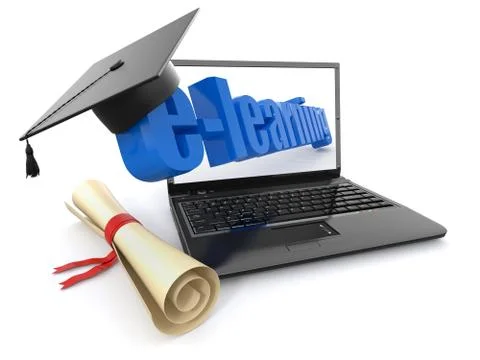 E-learning. laptop, diploma and mortar board. Illustrazione stock