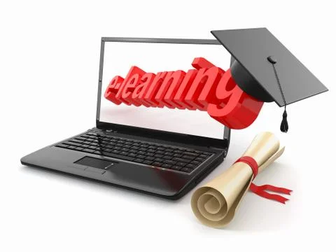 E-learning. laptop, diploma and mortar board. Stock Illustration