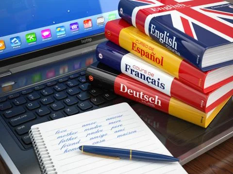 E-learning. learning languages online. dictionaries  on laptop. Stock Illustration