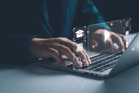 E-learning, Learning online with webinar, video clip tutorial, internet lesso Stock Photos