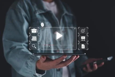 E-learning, Learning online with webinar, video clip tutorial, internet lesso Foto stock