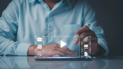 E-learning, Learning online with webinar, video clip tutorial, internet lesso Stock Photos