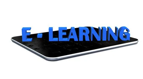 E-LEARNING - lettering in blue shown over a tablet display - home office concept Illustrazione stock