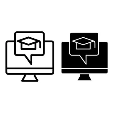 E-learning line and glyph icon. Monitor and graduate hat vector illustration Illustrazione stock