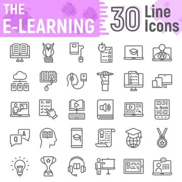 E Learning line icon set, Online education symbols Illustrazione stock