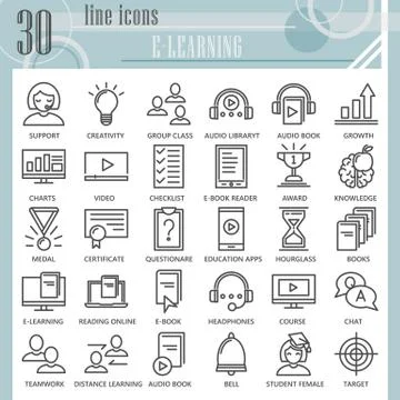 E-learning line icon set, online studying symbols collection or sketches Stock Illustration