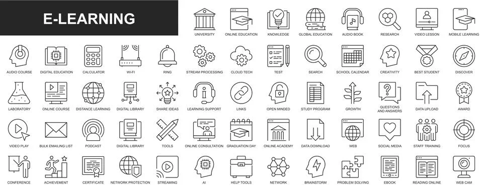 E-learning Line Icons Stock Illustration
