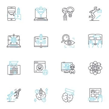 E-learning linear icons set. Digital, Blended, Online, Virtual, Interactive Illustrazione stock