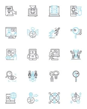 E-learning linear icons set. Digital, Blended, Online, Virtual, Interactive Illustrazione stock