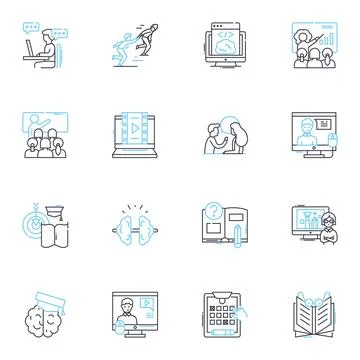 E-learning linear icons set. Digital, Accessible, Interactive, Innovative Illustrazione stock